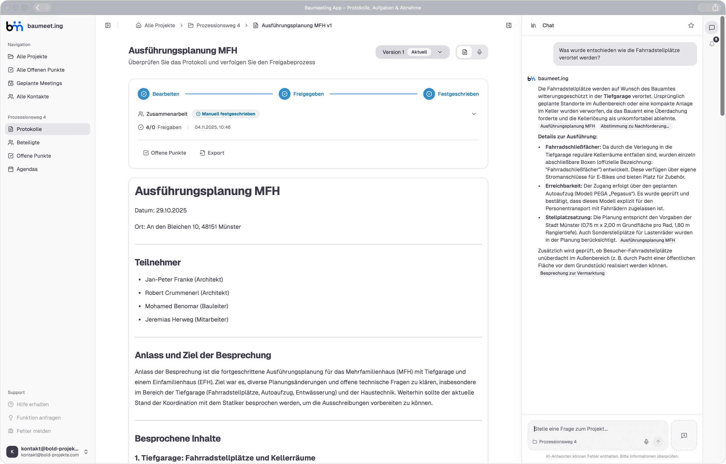baumeet.ing Protokollansicht mit KI-Chat – Ausführungsplanung MFH mit Teilnehmern, Besprechungsdetails und intelligenter Dokumentensuche